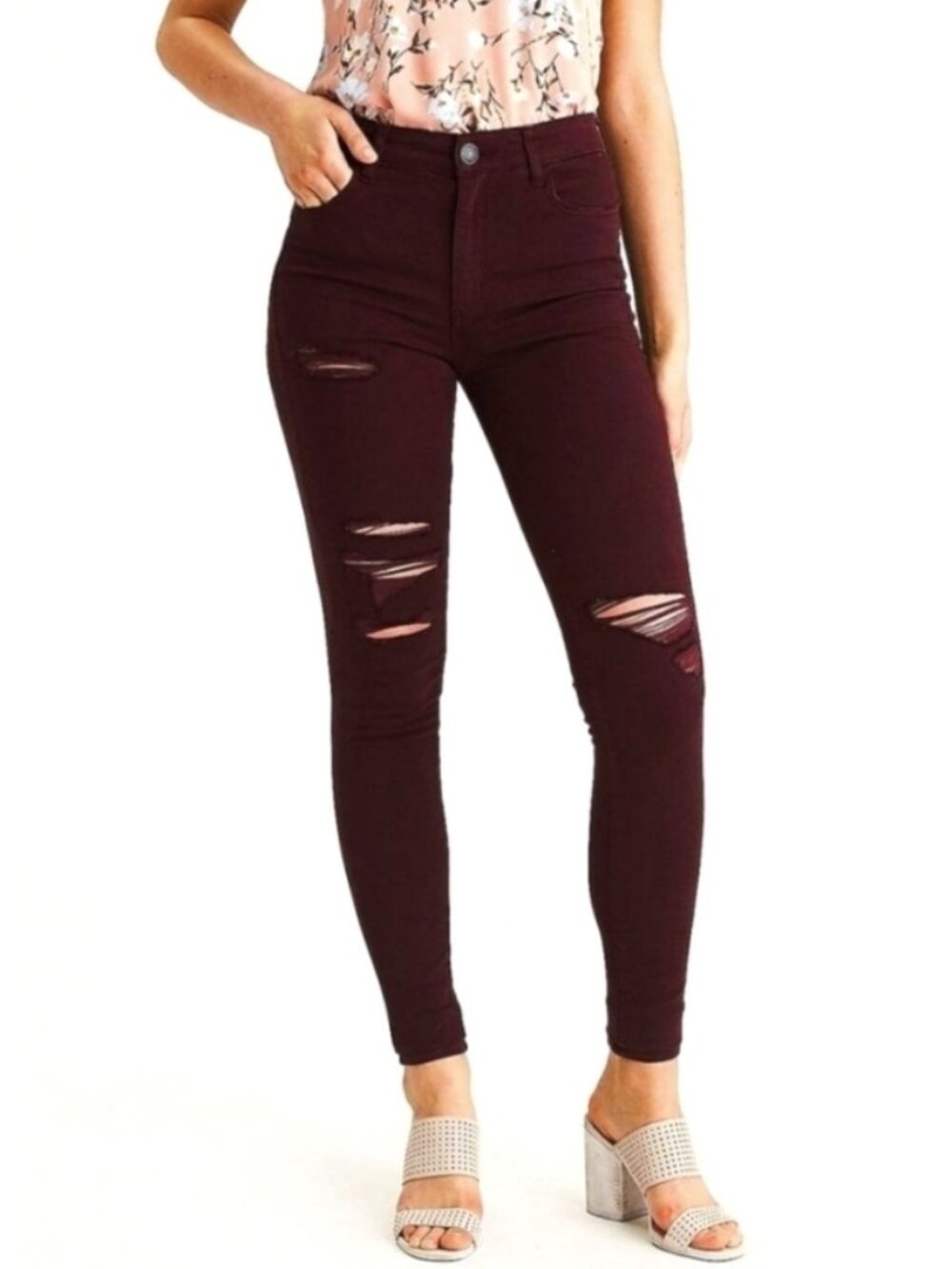 NEW AEO Stretch Super High-Waisted Jegging Burgundy Ivy Hi-Rise Ripped Destroyed
